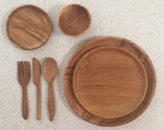 Teak Plate, Bowl and Cutlery Setting - 7pc