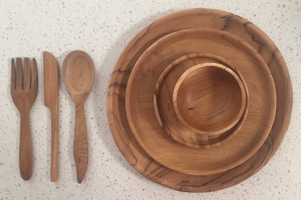 Teak Plate, Bowl and Cutlery Setting - 7pc